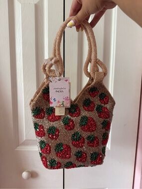 Handcrafted Strawberry Beaded Tote Bag - Pink